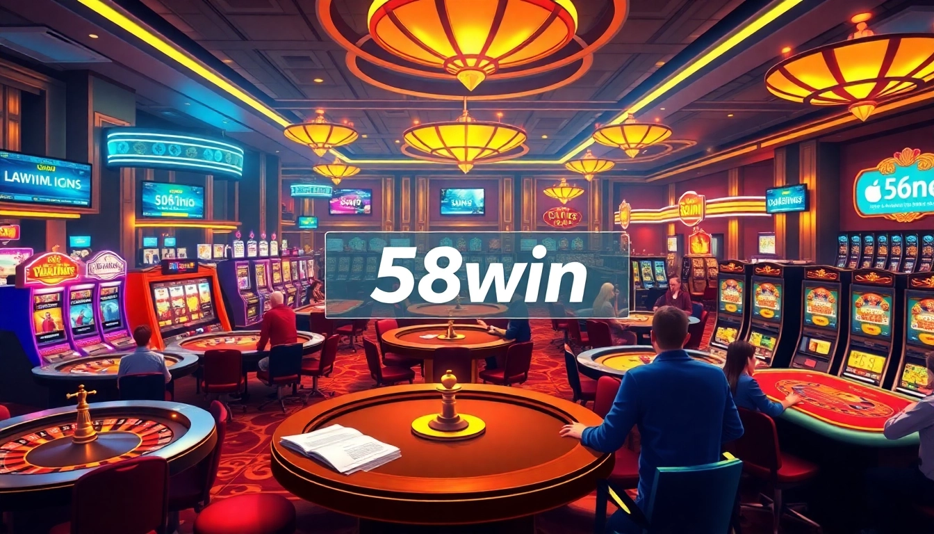 Casino gaming scene with 58win branding, featuring players at tables with poker chips and cards.