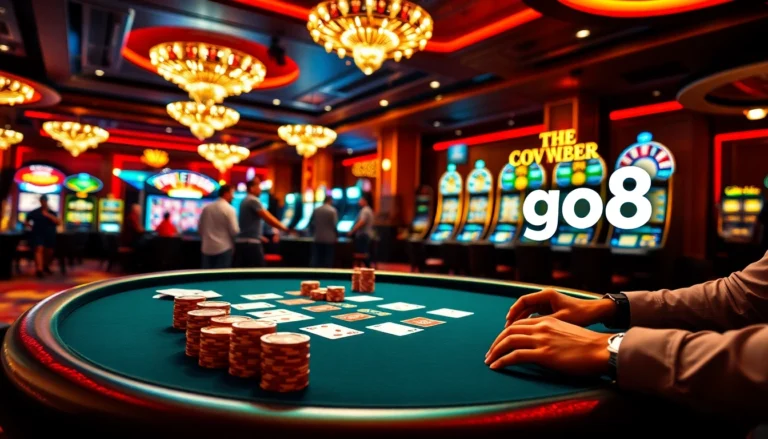 Experience the gaming thrill at the 'go8' casino, with players at a high-stakes poker table and a spinning roulette wheel.