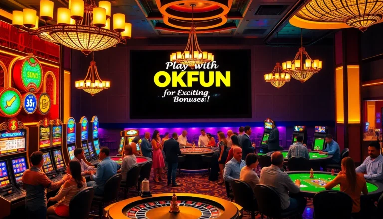 Players enjoying the thrilling atmosphere of a vibrant casino featuring OKFUN branding and table games.