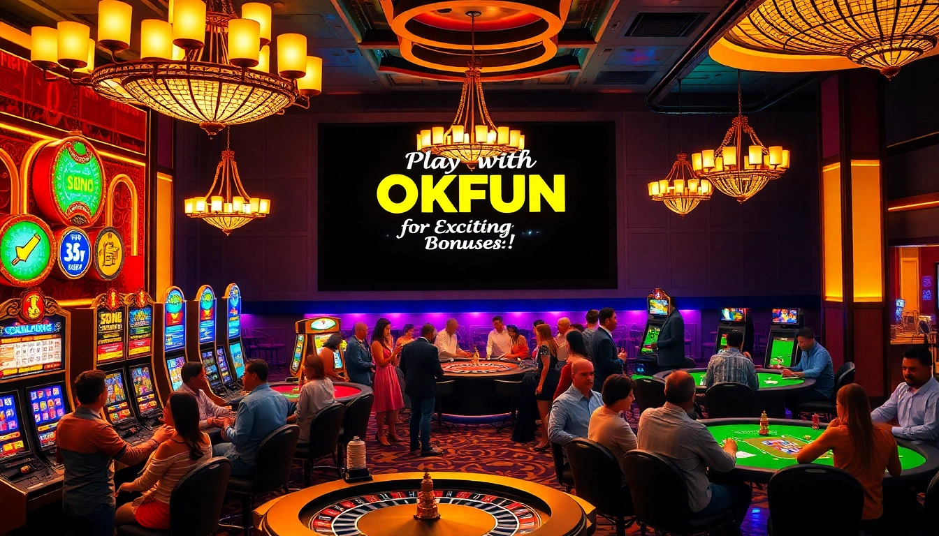 Players enjoying the thrilling atmosphere of a vibrant casino featuring OKFUN branding and table games.