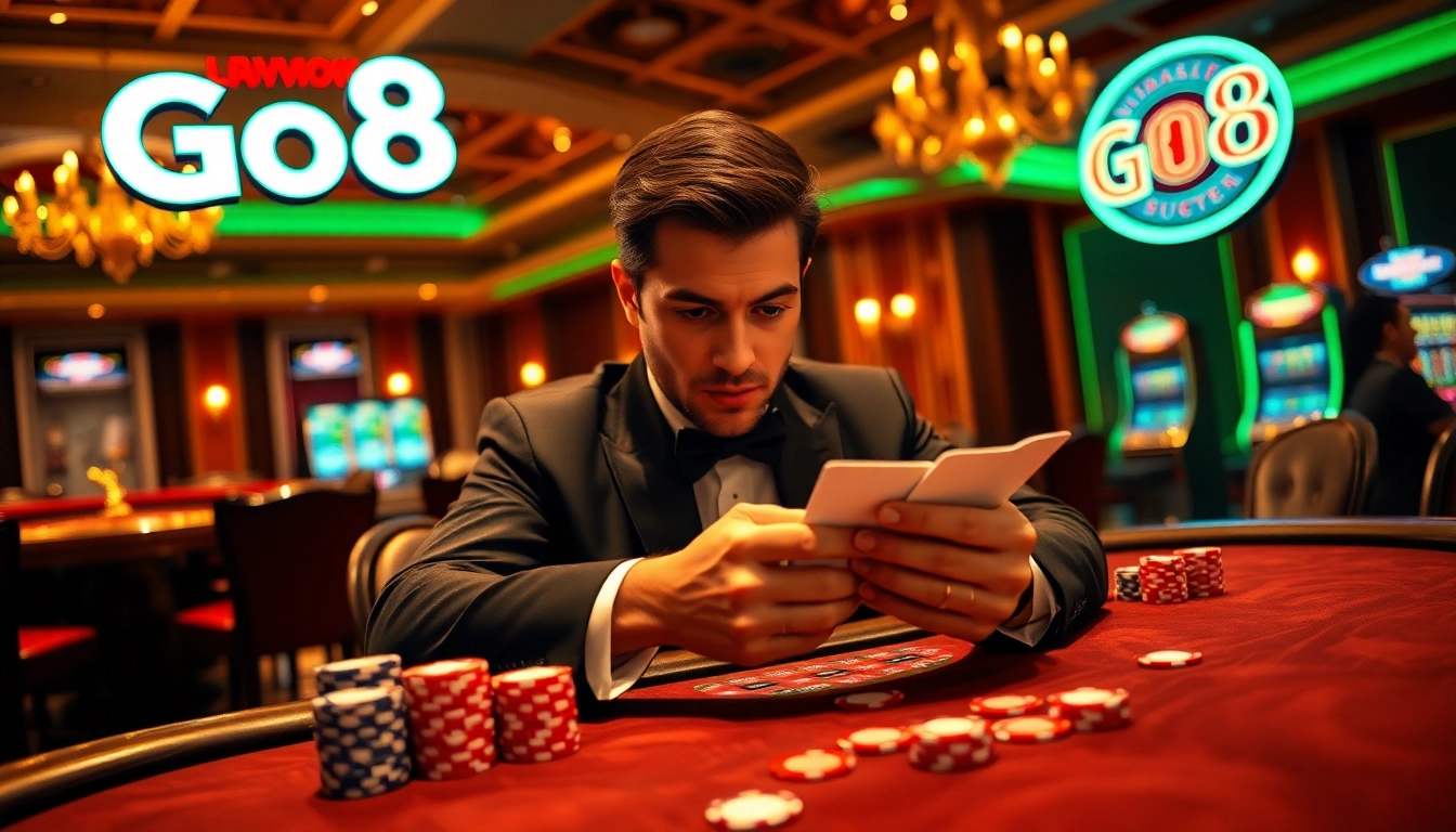 Go8 Casino Experience: A high-stakes poker game with vibrant lights and poker chips showcasing intense gameplay.