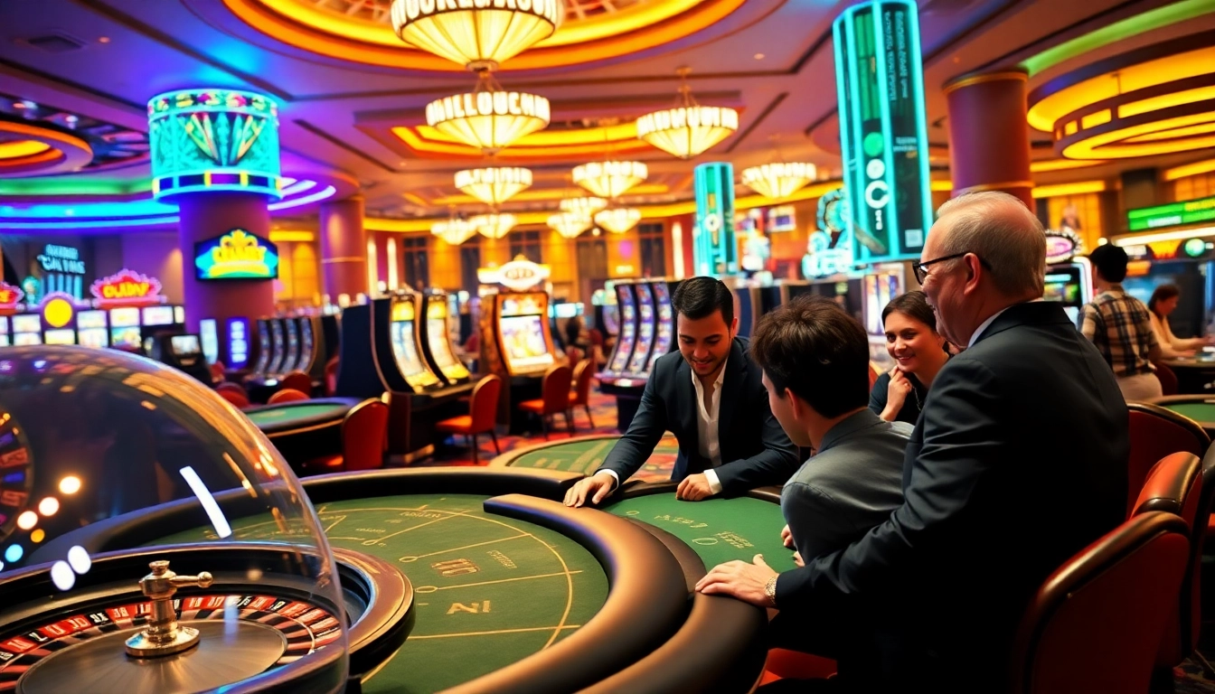 C168 casino tournament scene with excited players at poker tables and colorful slot machines.