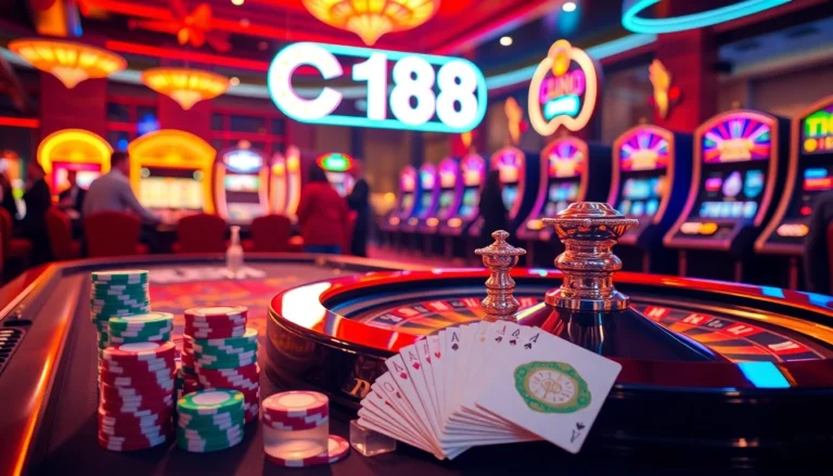 C168 casino scene with vibrant roulette wheel and eager players showing excitement in a thrilling gambling atmosphere.