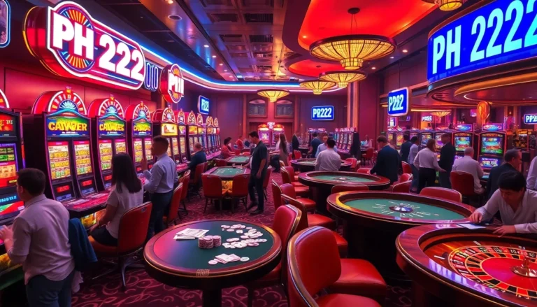 Experience the thrill of PH222 with players engaging at diverse casino tables and vibrant slot machines, radiating excitement and chance.
