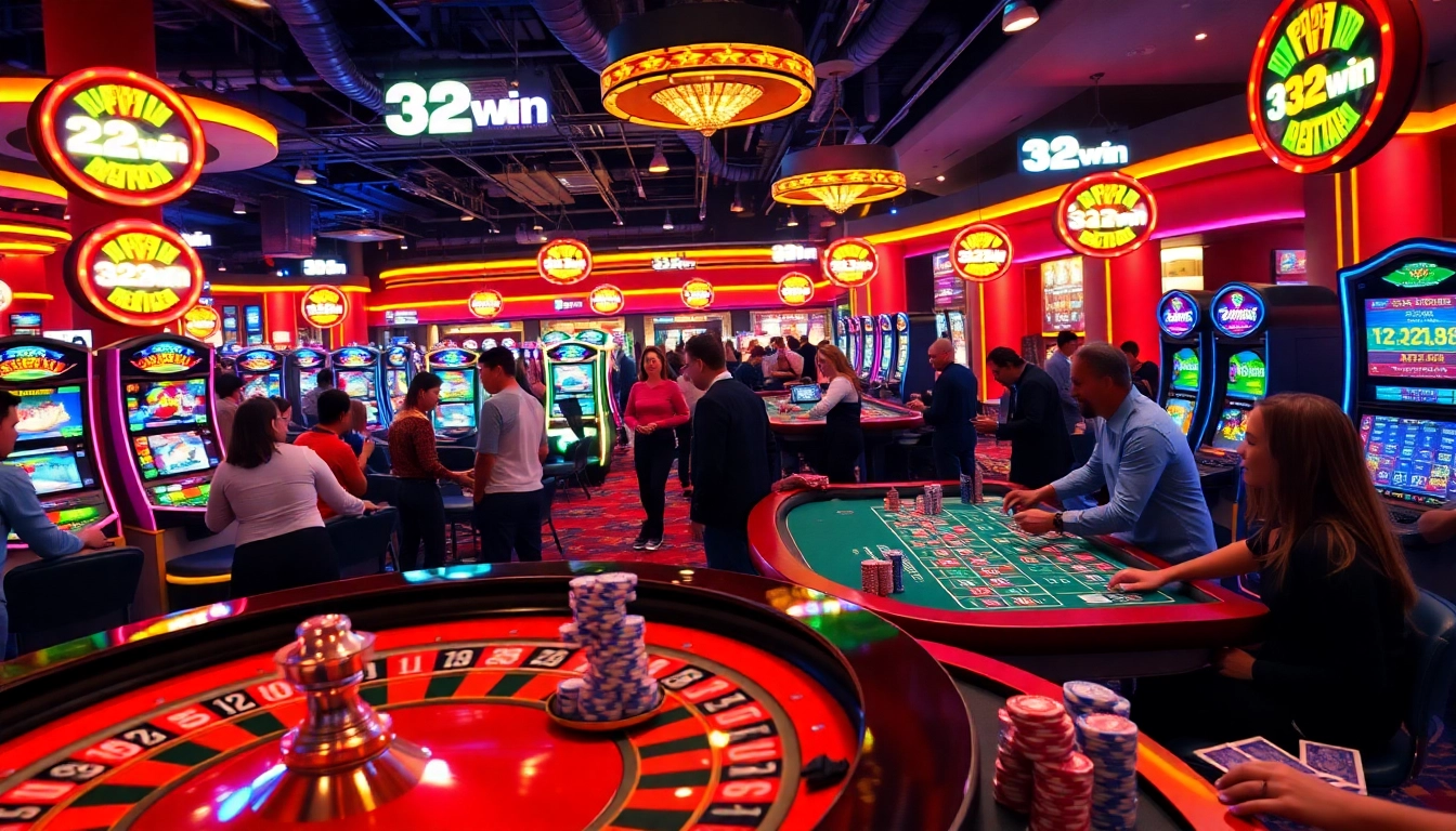 32win casino scene featuring players engaged in roulette and poker, with vibrant neon lights.