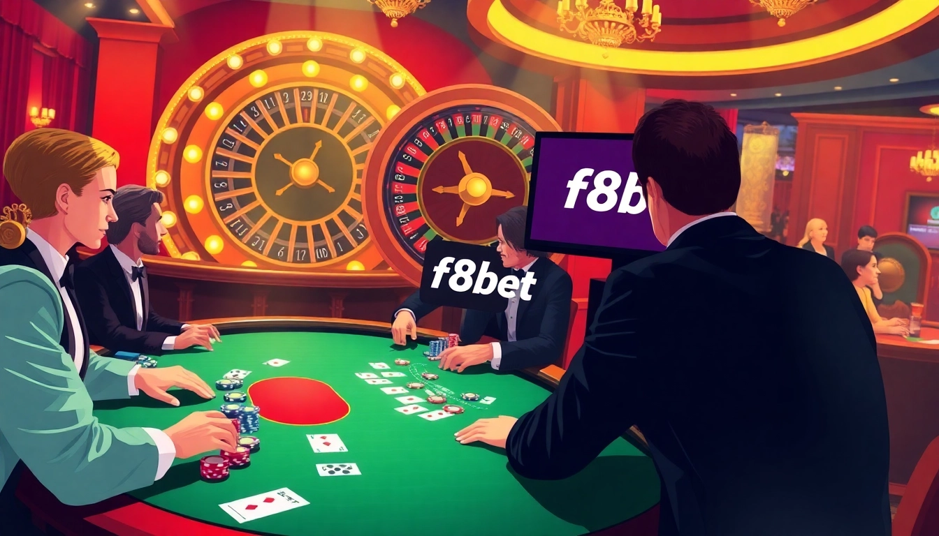 Players engage in high-stakes poker at f8bet's luxurious casino tables filled with vibrant poker chips.
