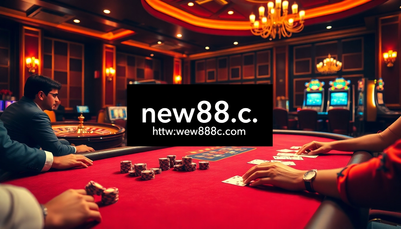 Experience the thrill of gambling at https://new88c.co/ with a lively poker table, roulette wheel, and slot machines.