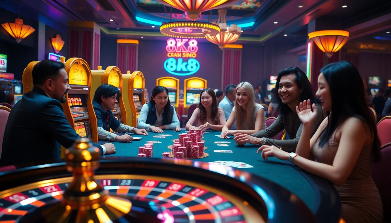8k8 online casino showcasing vibrant slot machines and active poker games.