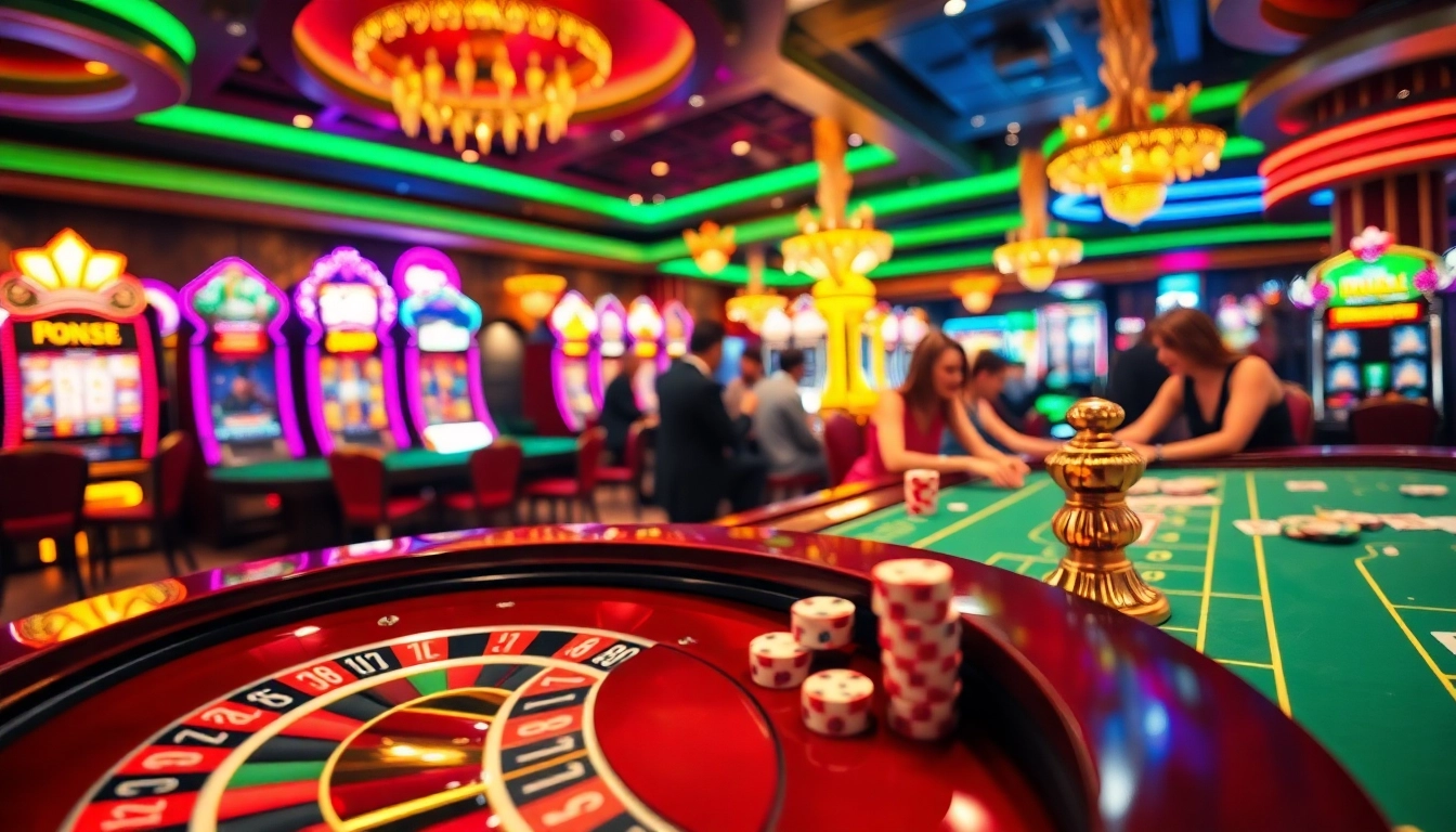 Experience thrilling gaming at uu88's vibrant casino filled with roulette tables, colorful slot machines, and excited players.