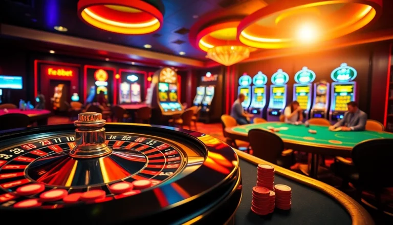 Experience the thrill of f8bet with players enjoying high-stakes action at casino tables, surrounded by dazzling slot machines.