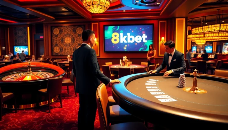 Players enjoying an exhilarating poker game at 8kbet's luxury casino tables.