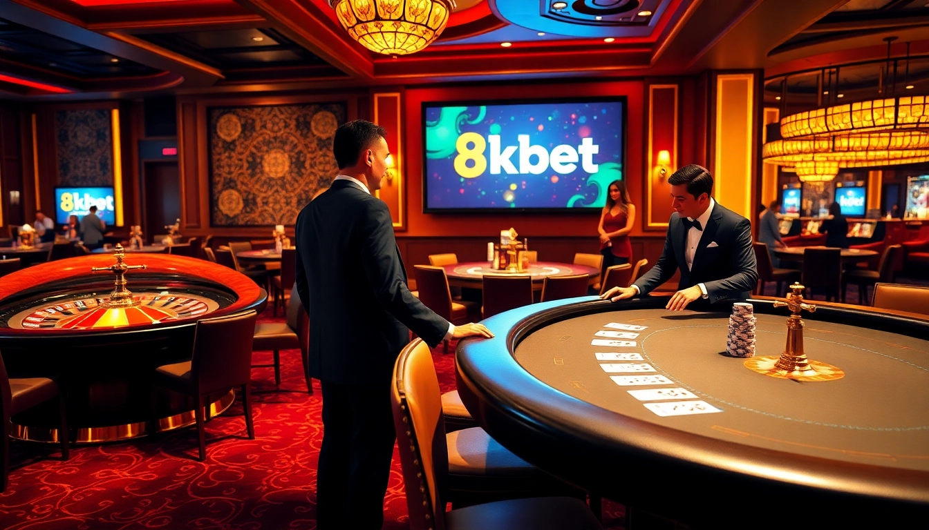 Players enjoying an exhilarating poker game at 8kbet's luxury casino tables.