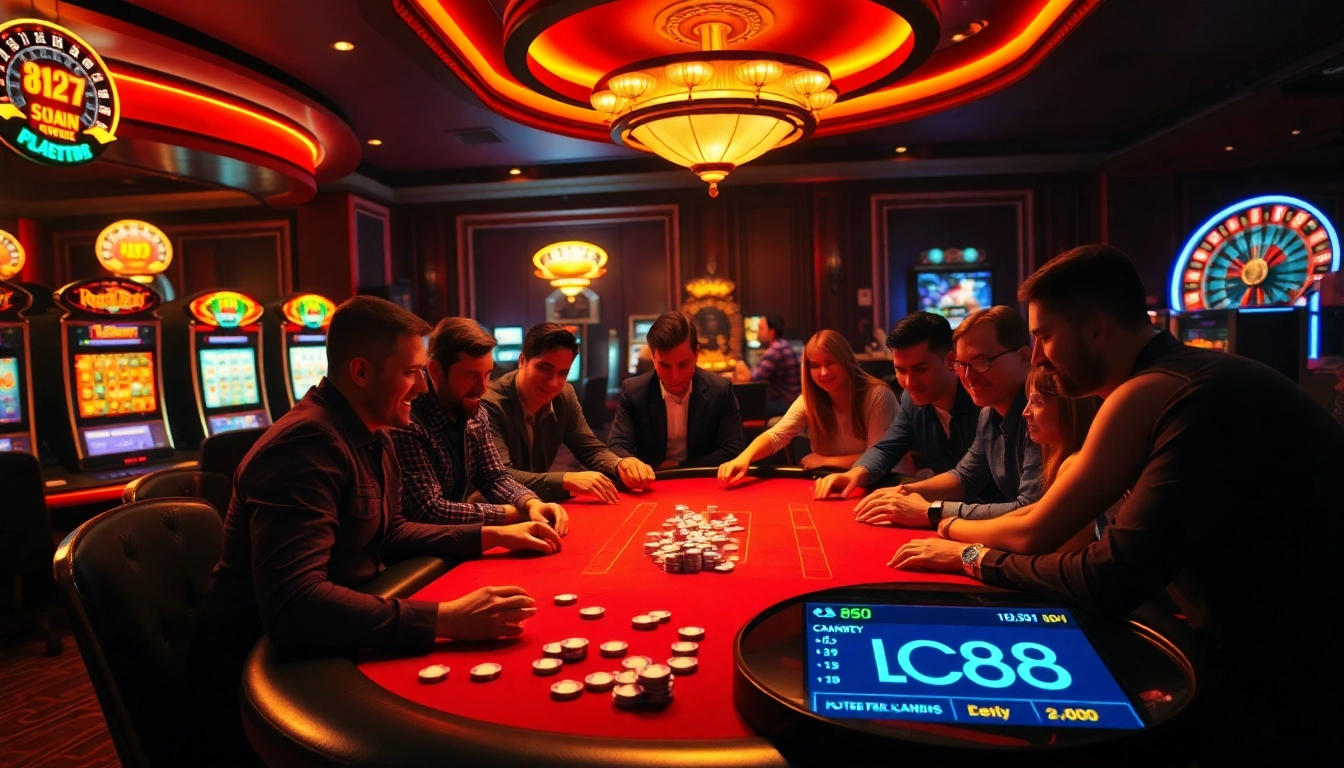 LC88 poker players experience excitement at a glamorous casino table.